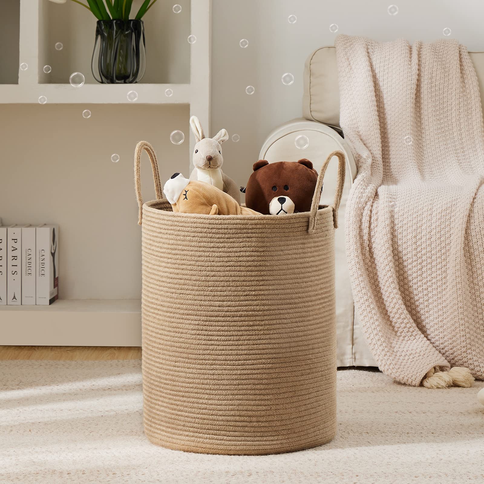 YOUDENOVA 72L tall laundry basket in living room demonstrates spacious, clutter-reducing storage.