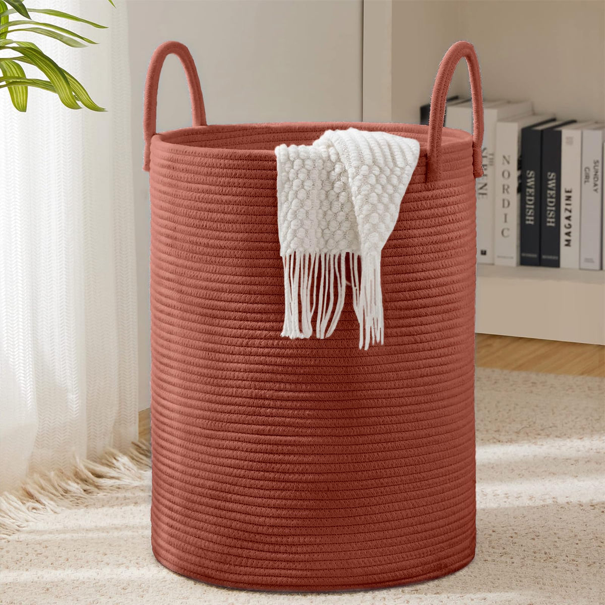 YOUDENOVA laundry hamper basket top view shows 58L capacity for versatile room storage