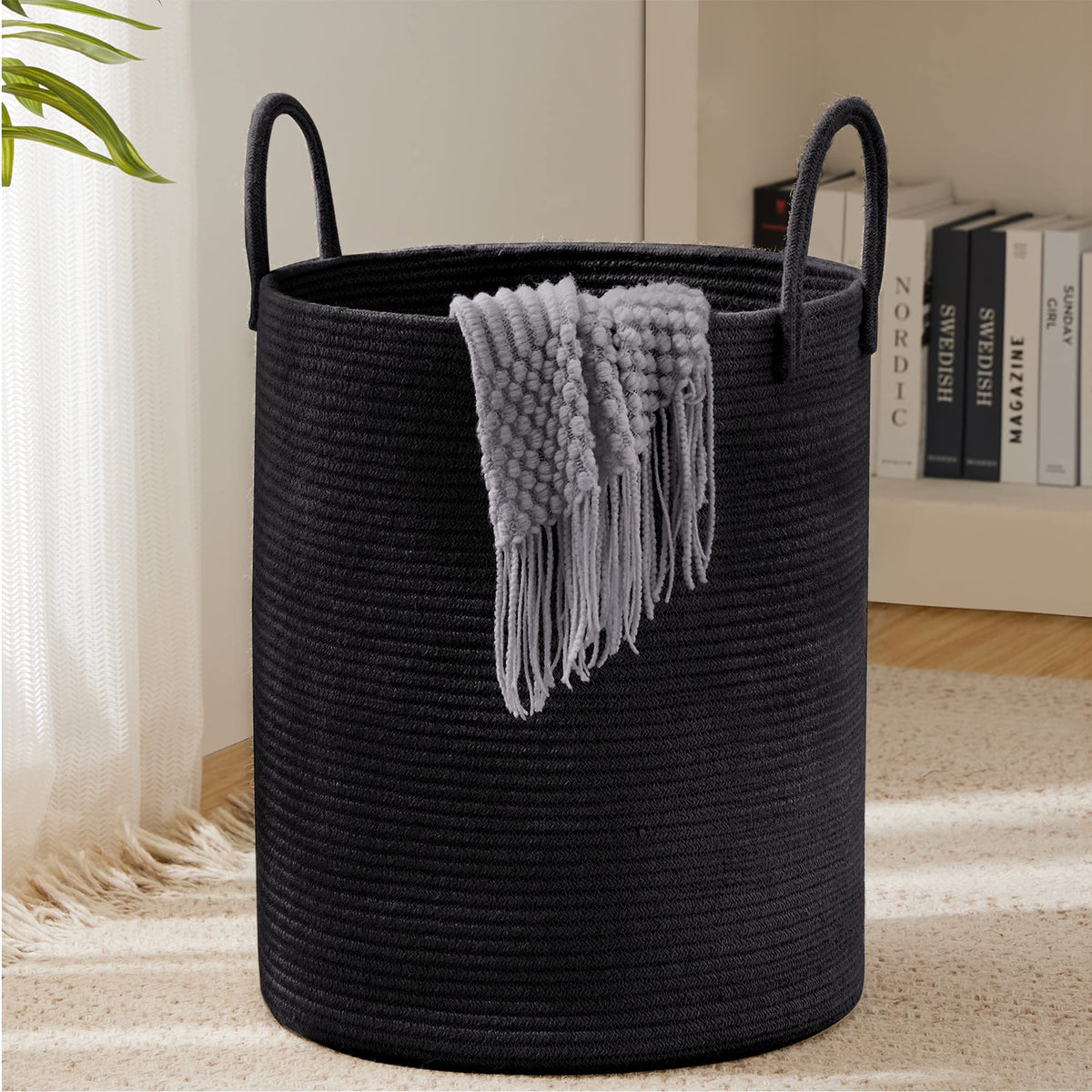 YOUDENOVA laundry hamper round tall with durable cotton rope for clutter-free laundry days.