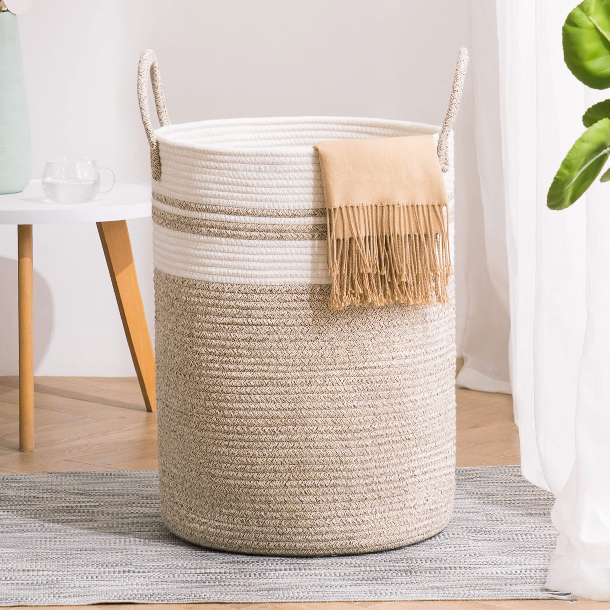 YOUDENOVA woven rope laundry hamper shows tall natural design for bedroom organization