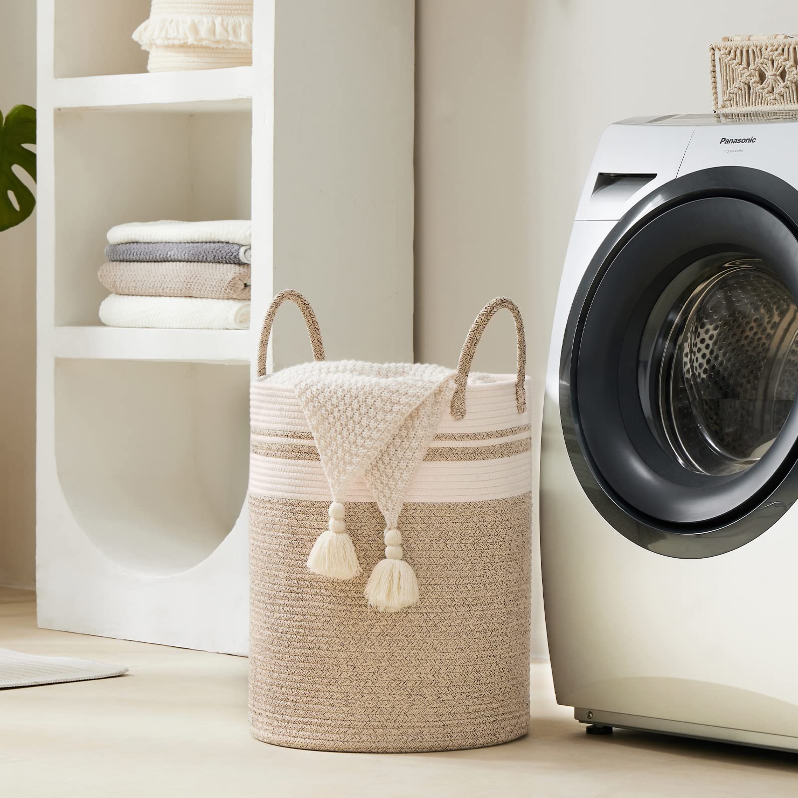 YOUDENOVA rope hamper in a nursery setting keeps blankets and toys organized