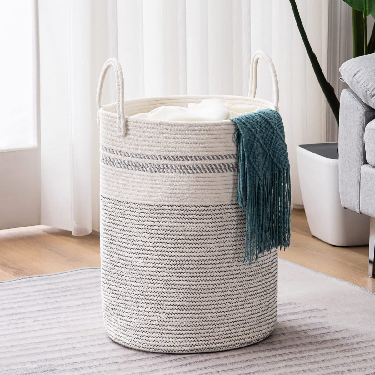 YOUDENOVA 58L woven rope laundry hamper full view shows spacious storage and sturdy handles