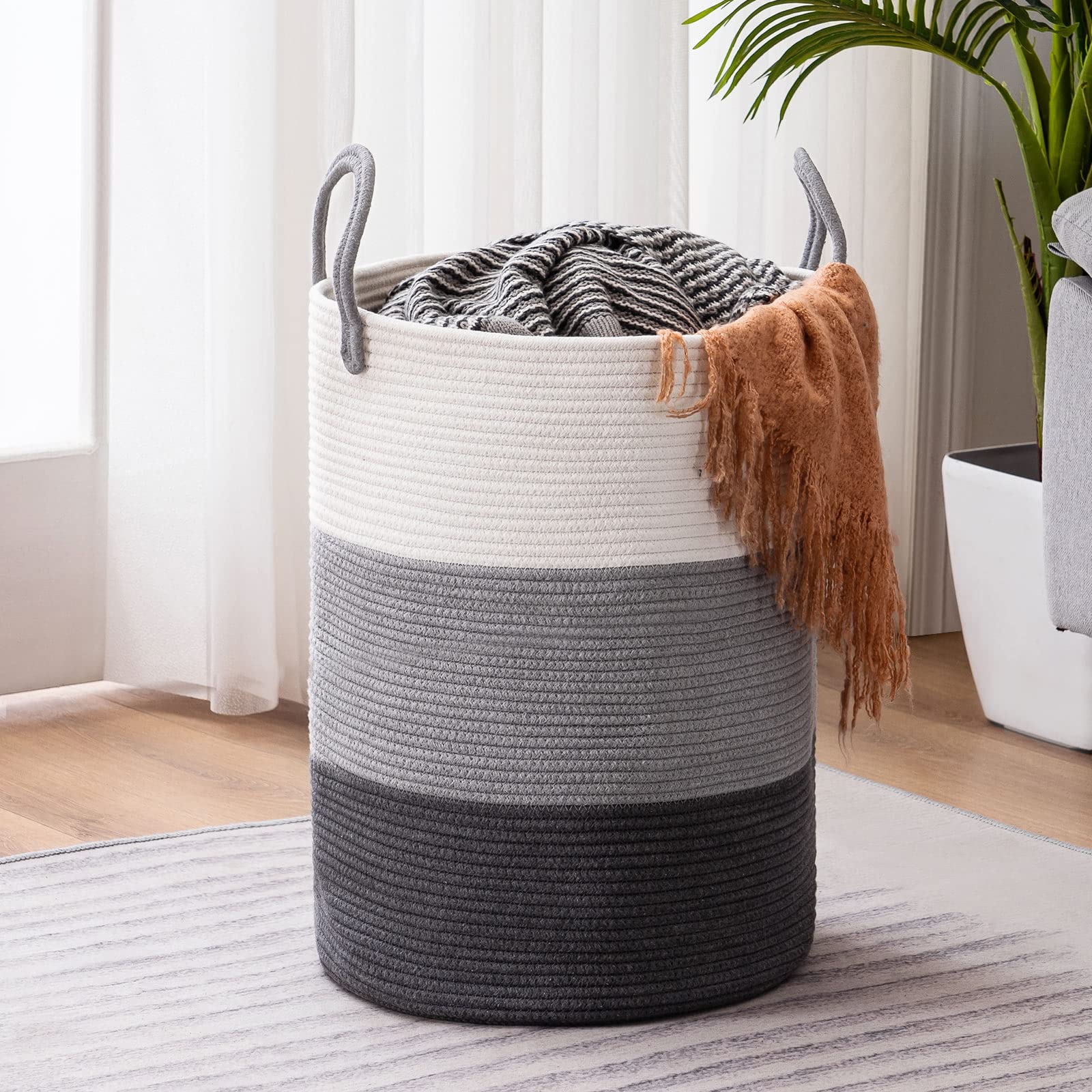 YOUDENOVA woven rope laundry hamper 58L round, spacious storage for bulky clothes
