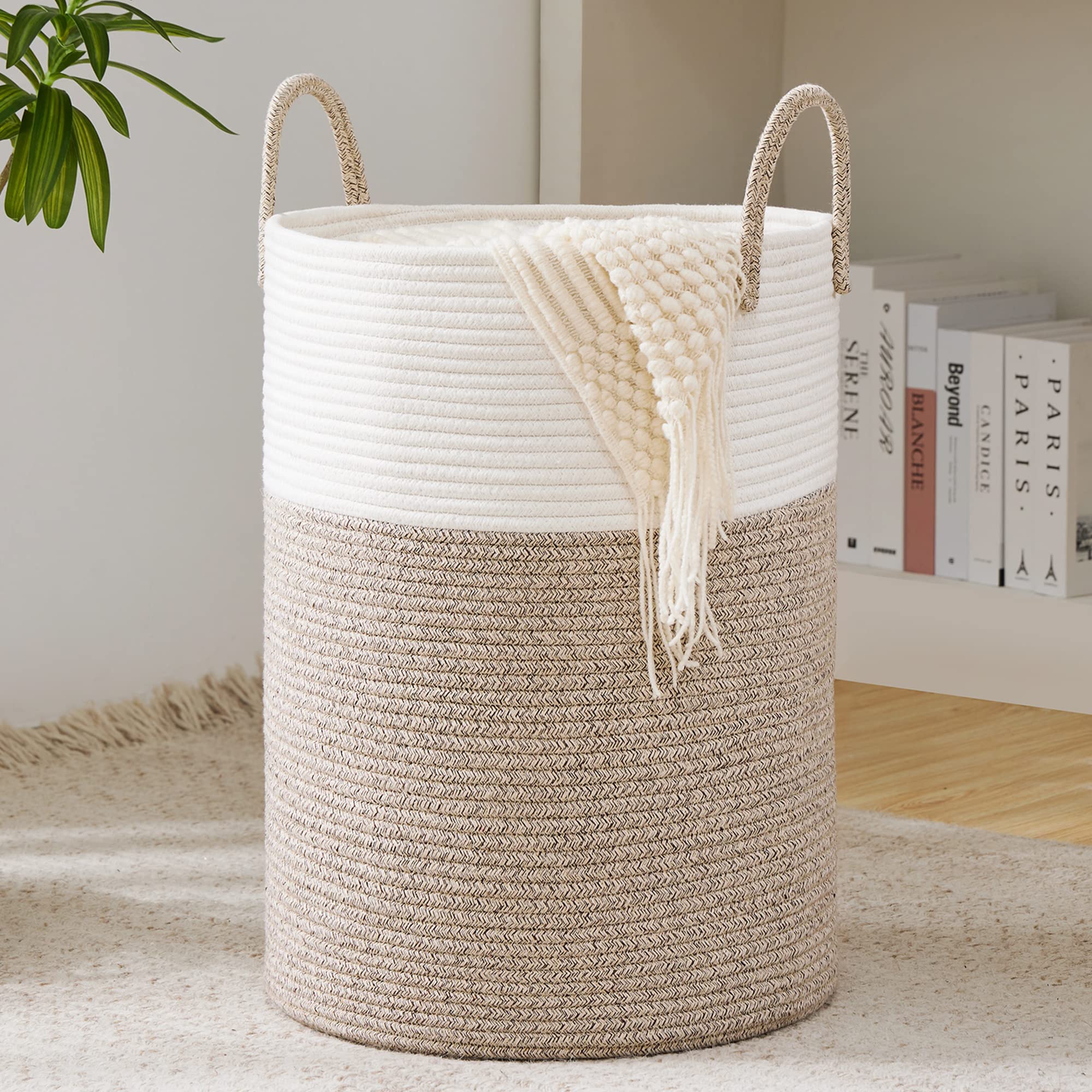 YOUDENOVA woven rope laundry hamper basket—natural material, stylish storage.