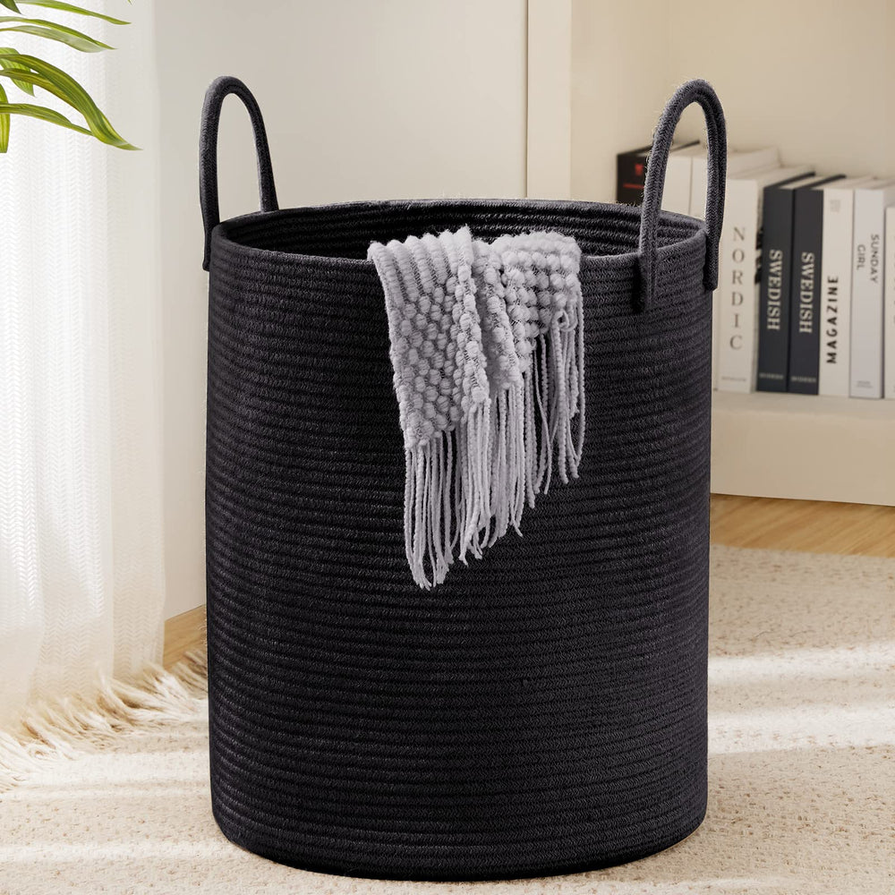 YOUDENOVA woven rope laundry hamper tall black design for bedroom organization and easy transport