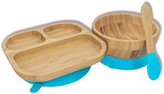 Youkoo baby stay-put dish blue plate with suction keeps meals in place.