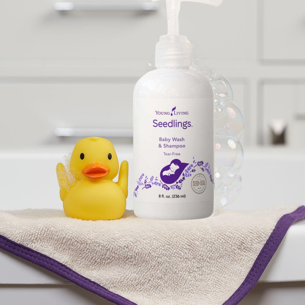 Young Living Seedlings label close-up emphasizes infant-friendly skincare.