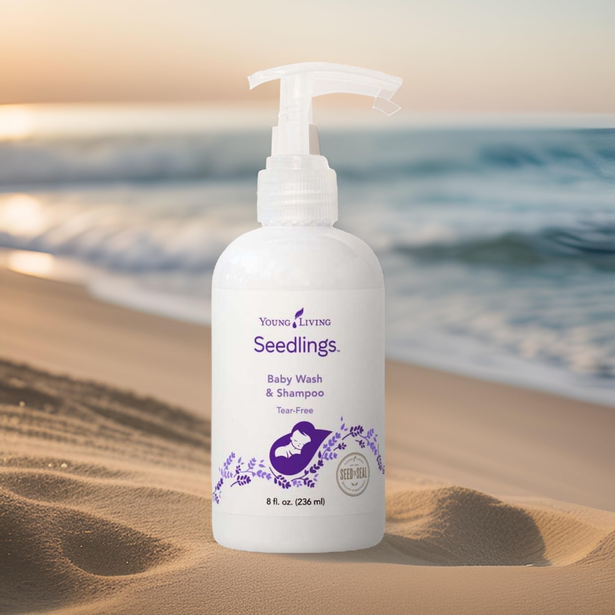 Young Living Seedlings tear-free formula highlights calming bath-time benefits.