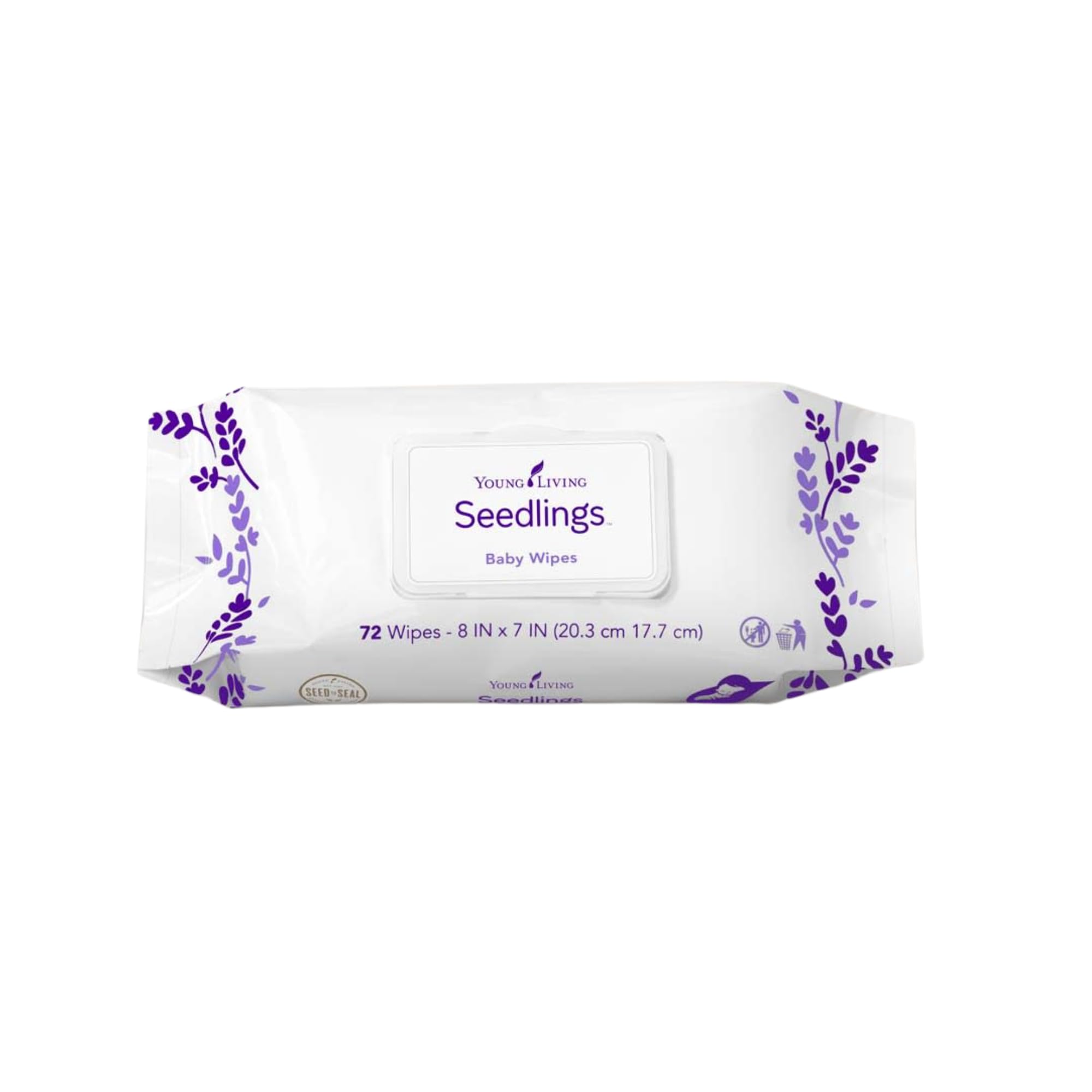 Young Living Seedlings Baby Wipes packaging showing 72 wipes and resealable lid for on-the-go care