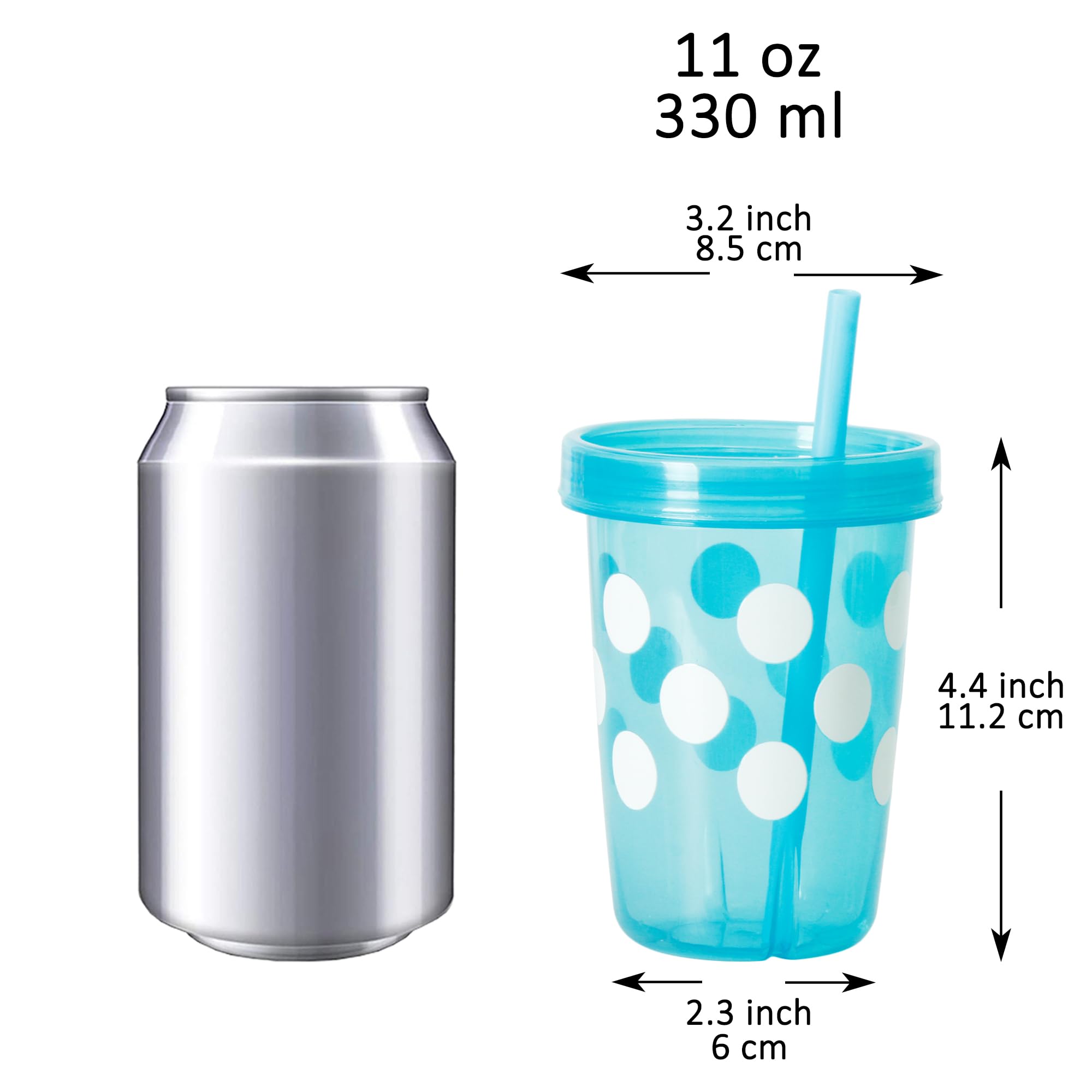 Youngever polka 11oz cups with lids and straws on table for poolside hydration.