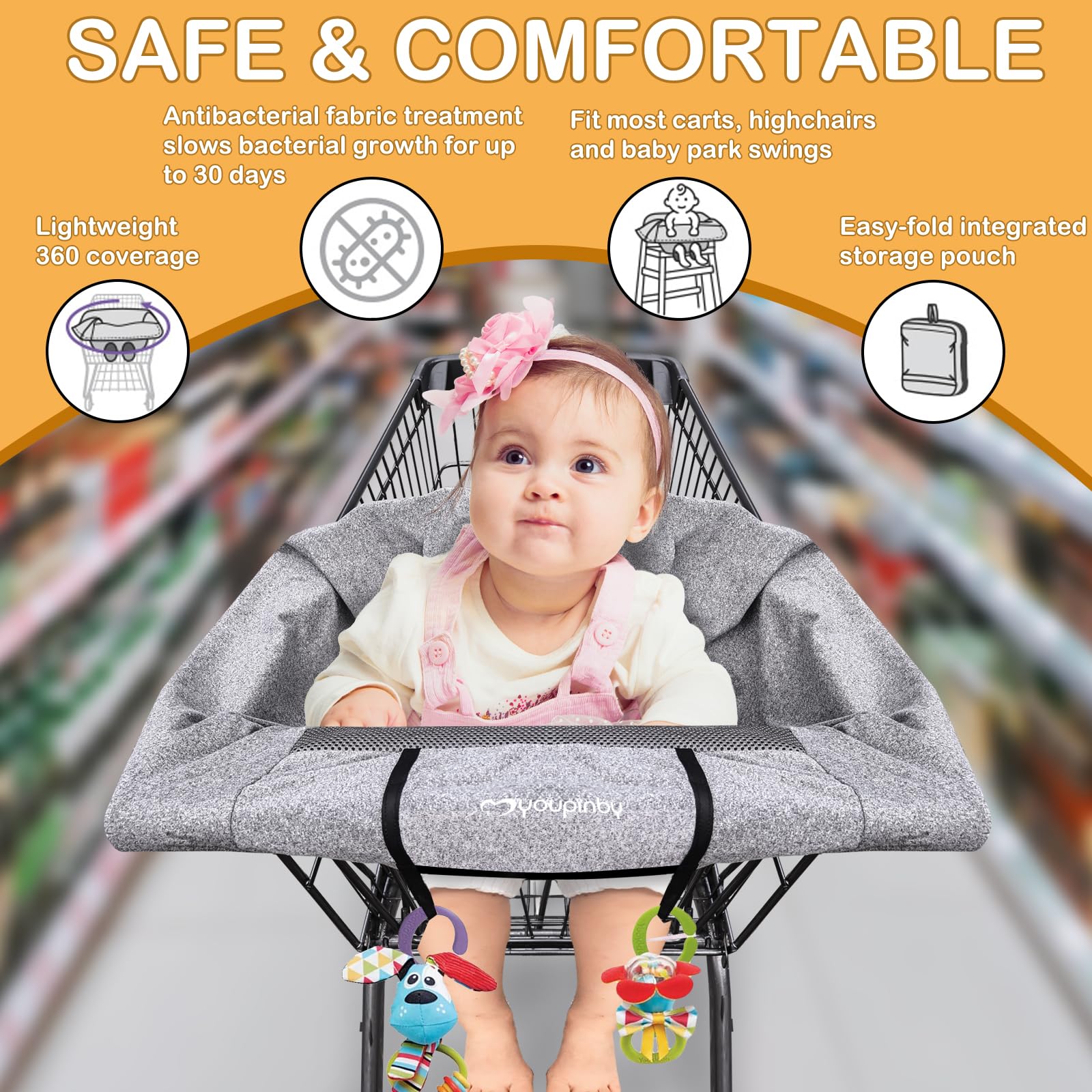 Youpinby cart cover includes pocket and toy rings for baby entertainment.