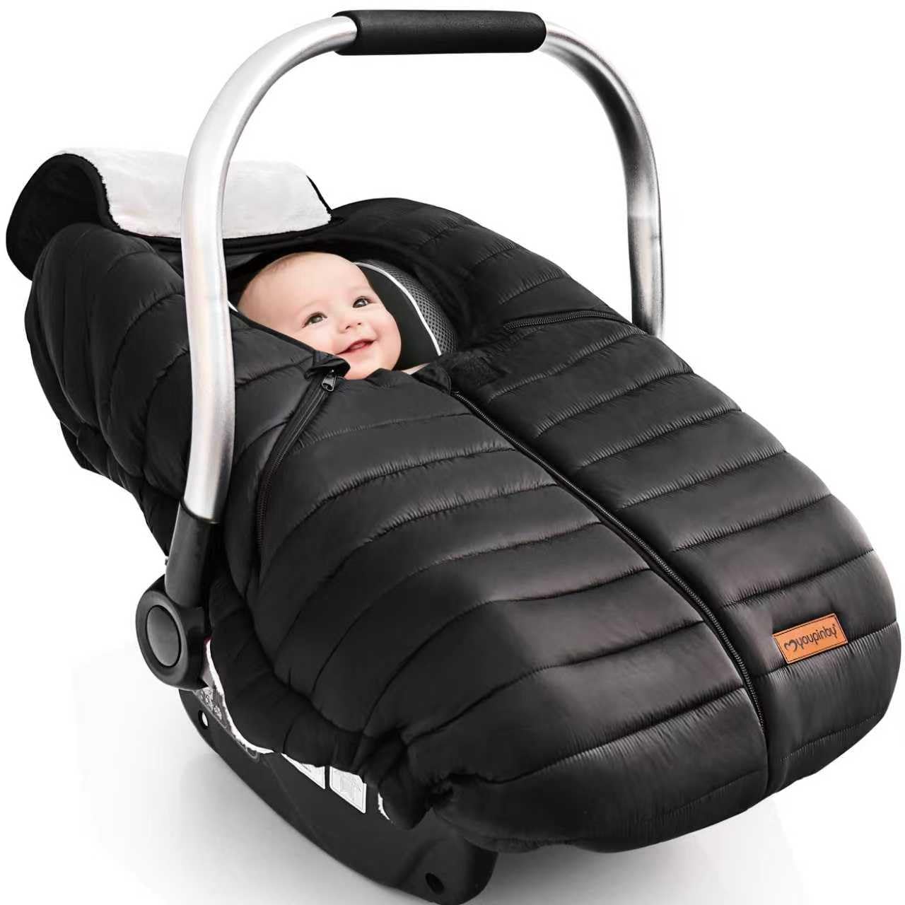 Youpinby winter baby car seat cover front view showing weatherproof outer and breathable fabric for comfort.