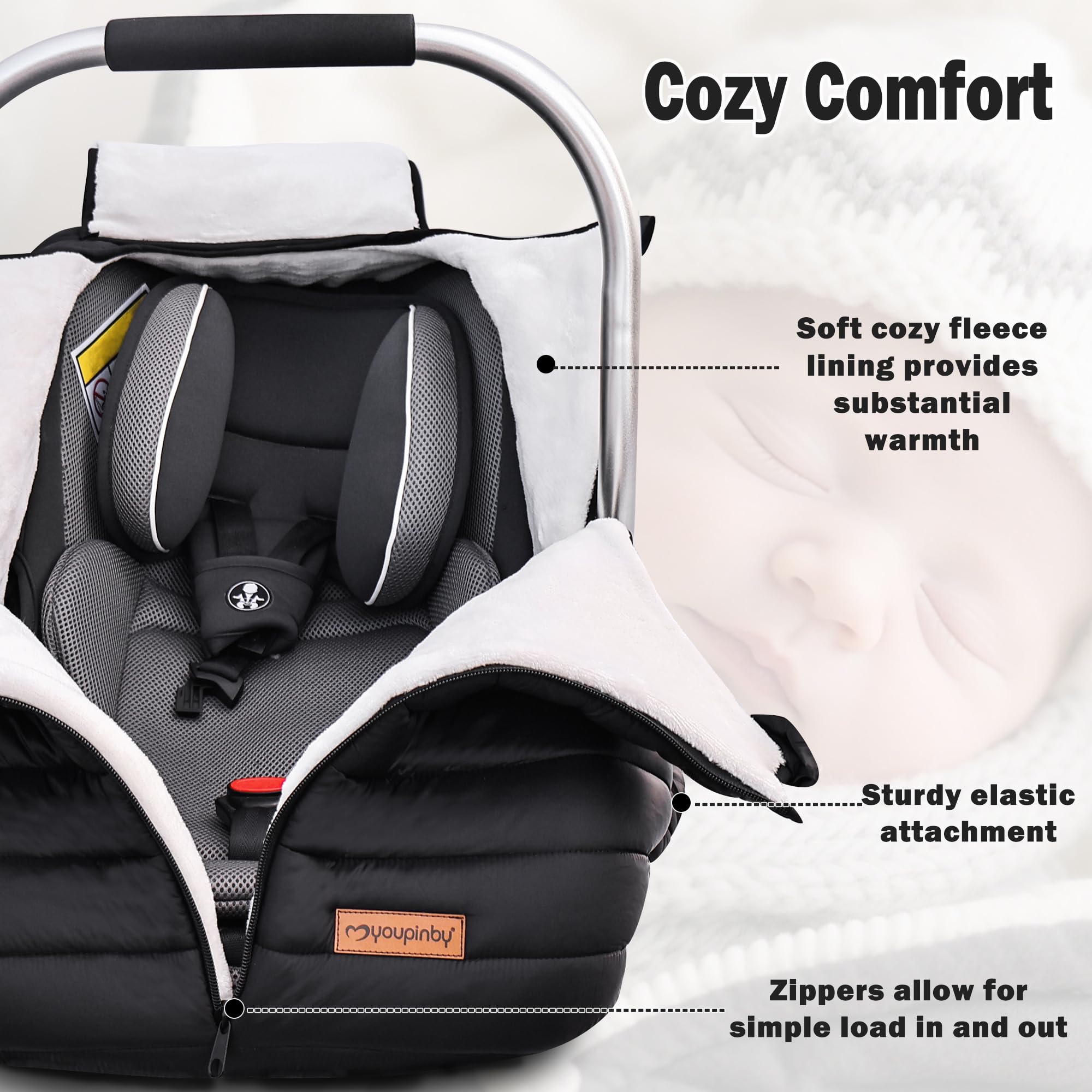 Youpinby winter car seat cover open front view with center zipper for easy baby access.