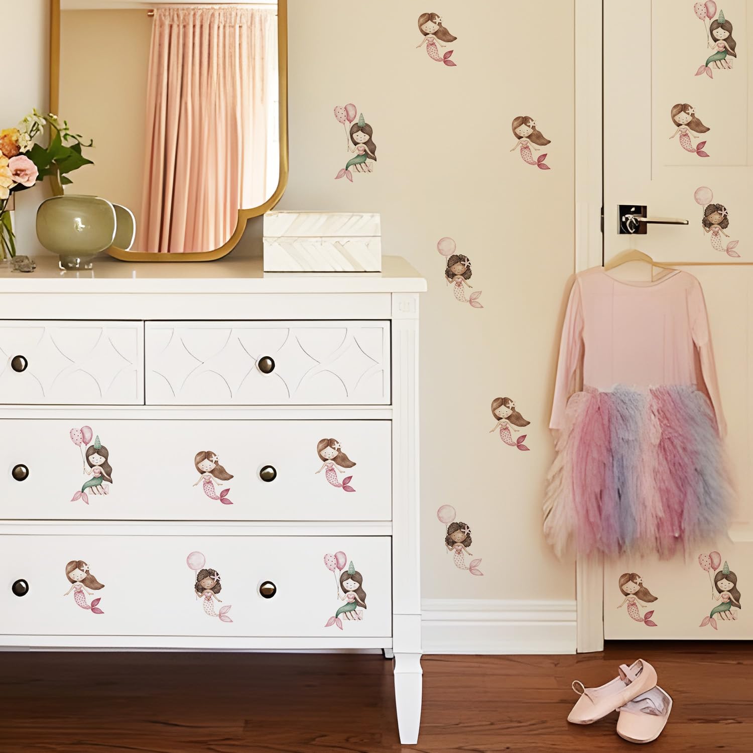 YouRfocus Mermaid Wall Decal pink-2: boho-inspired stickers transform playrooms into imaginative spaces.
