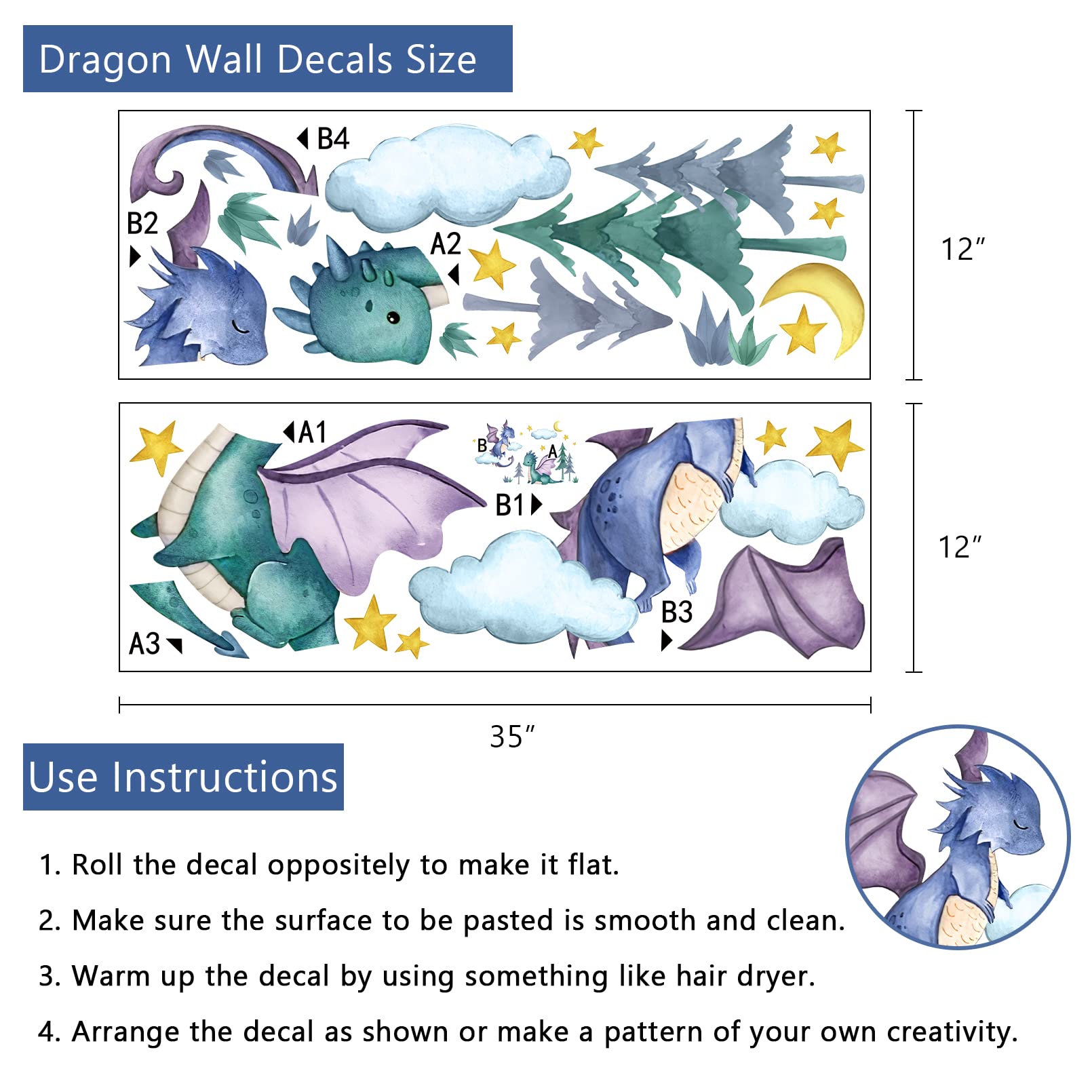 Yovkky Baby Dragon wall decals with moon and stars brighten the kids room.