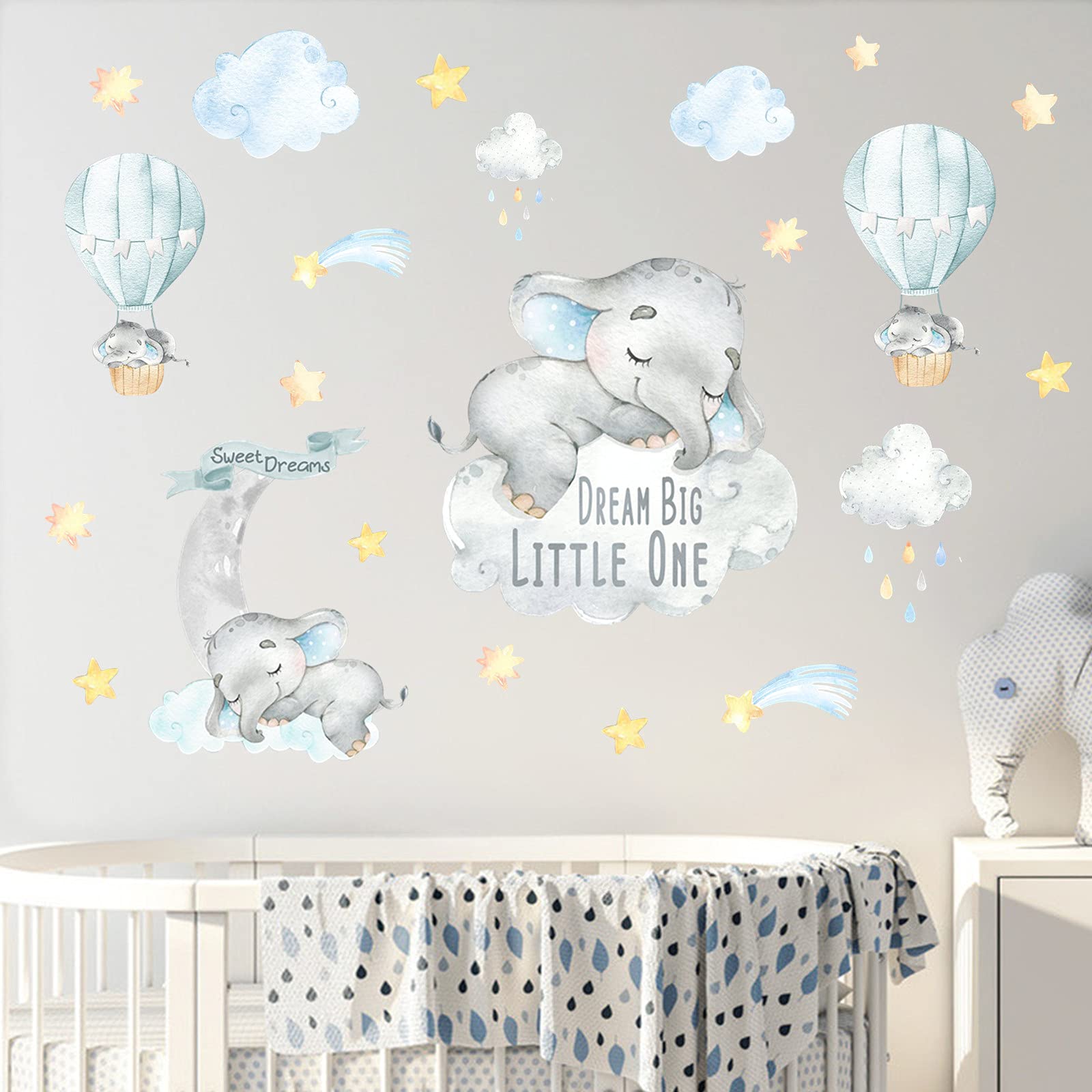 Yovkky blue watercolor boy elephant wall decal on nursery wall for dreamy DIY decoration