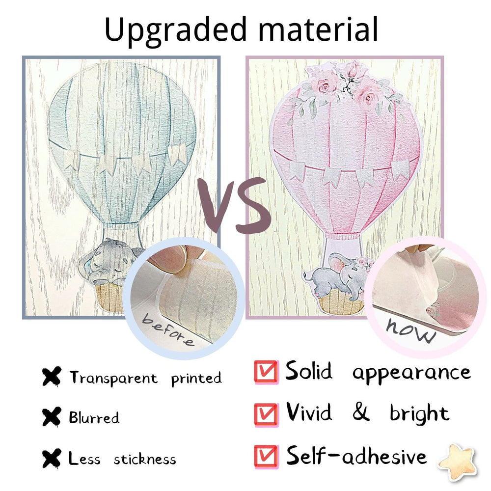 Yovkky grey-star-hot-air-balloon wall art livens a nursery with bold accents and durable vinyl.
