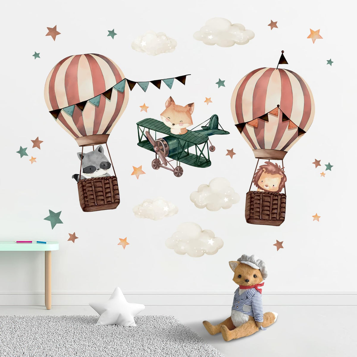 Yovkky hot air balloon wall decal featuring a friendly lion for playful kids' rooms