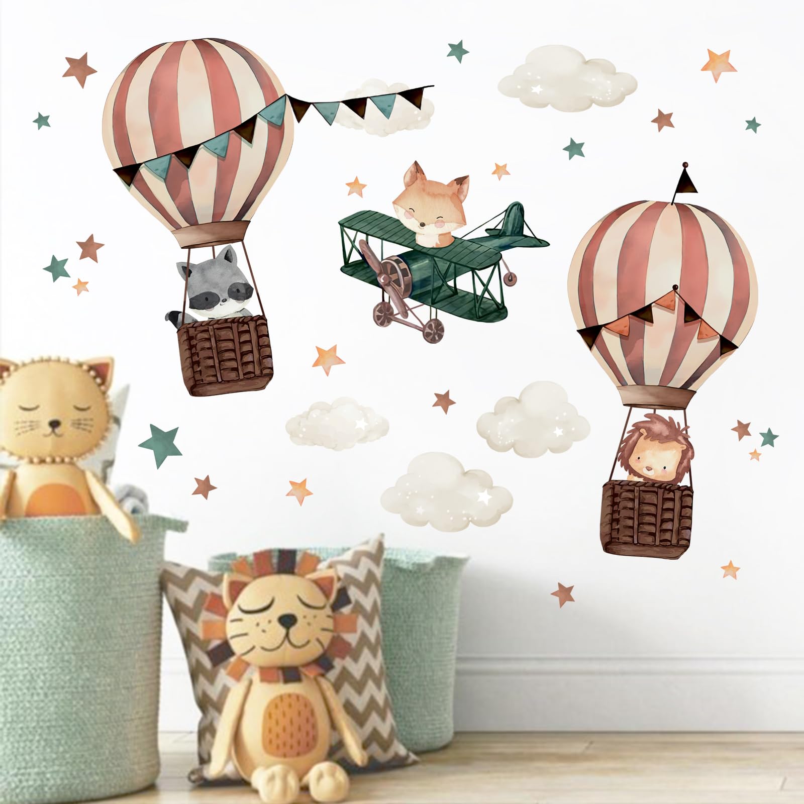 Yovkky hot air balloon wall decal raccoon creates cozy playroom vibe