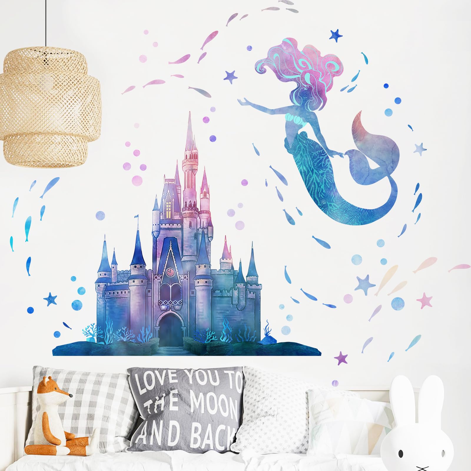 Yovkky Mermaid Wall Decal Fish and Starfish shows colorful aquatic friends for nursery inspiration.