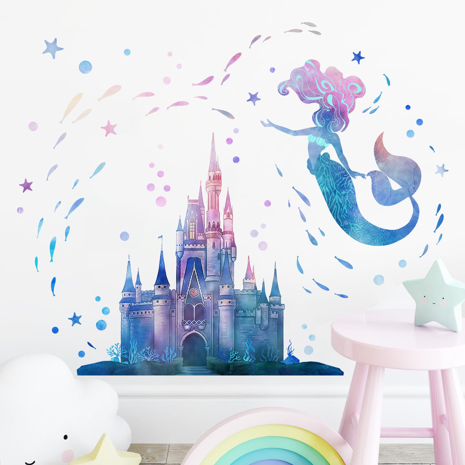 Yovkky Mermaid Wall Decal Sea Life features vibrant sea creatures for educational decor.