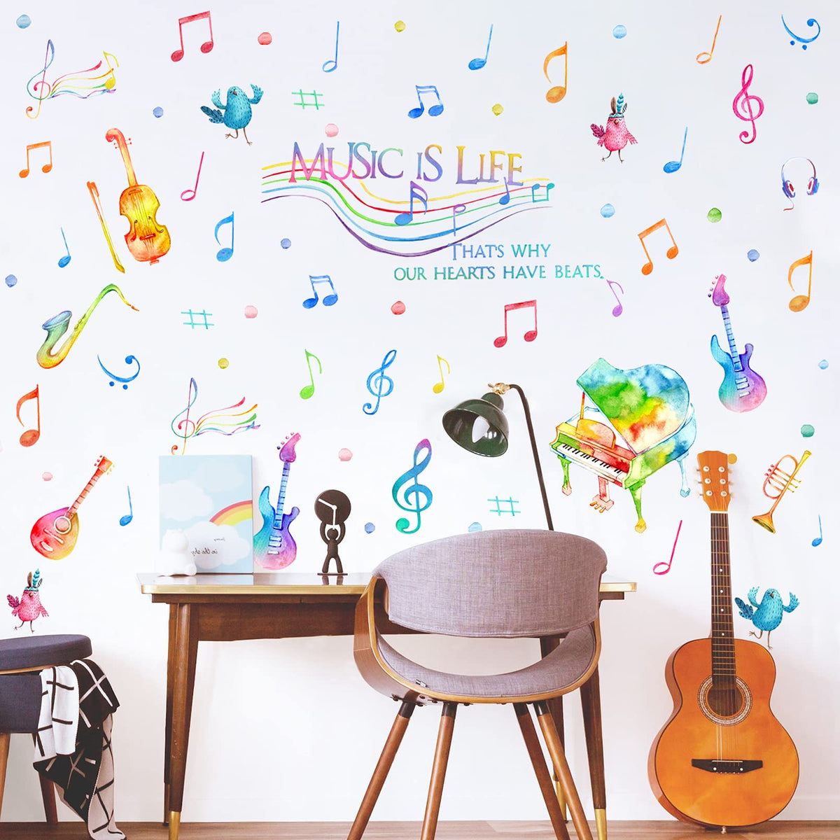 Yovkky Watercolor Music wall decal applied to wall with bright musical notes for a playful room.