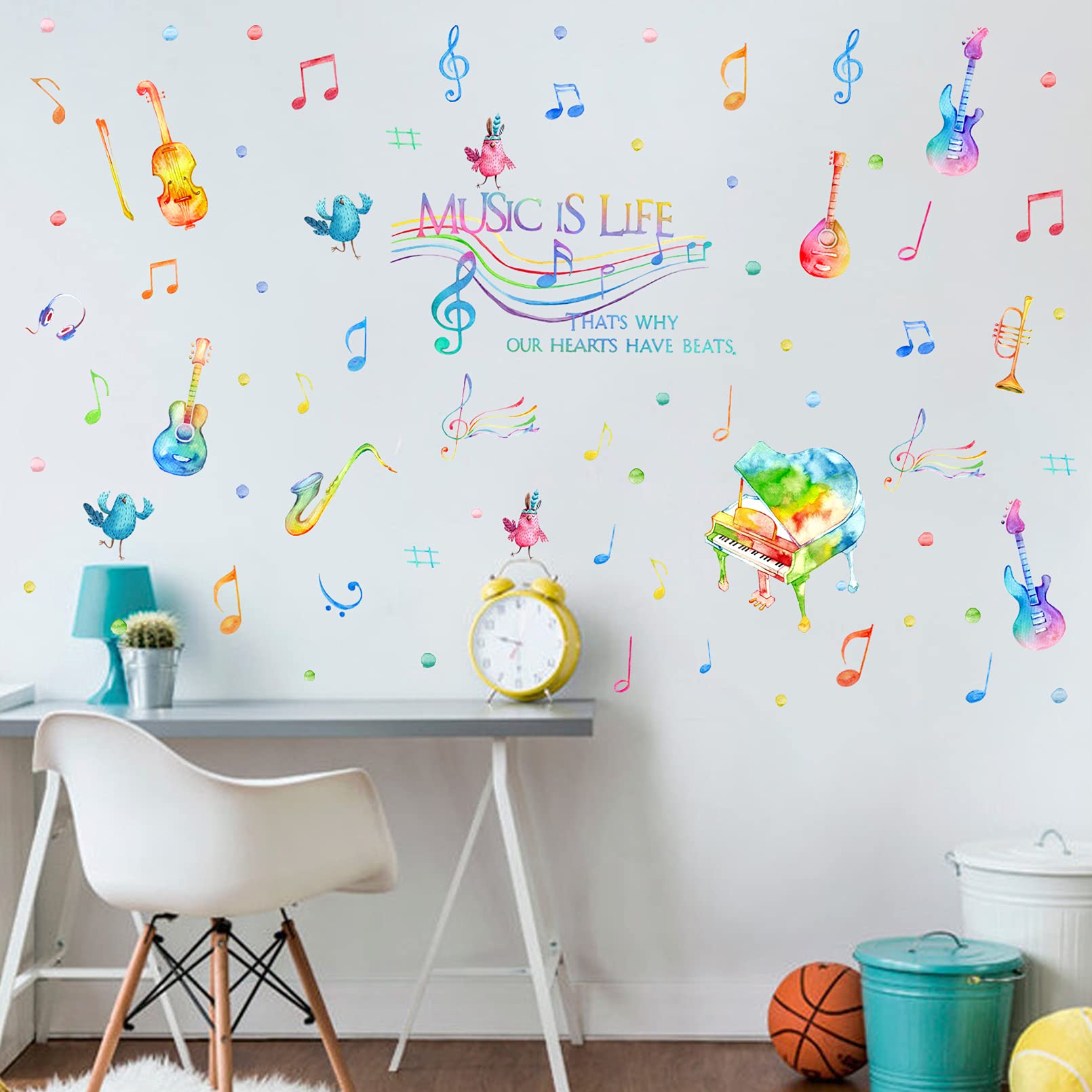 Yovkky Watercolor Music guitar sax motif closeup for vibrant wall decor.