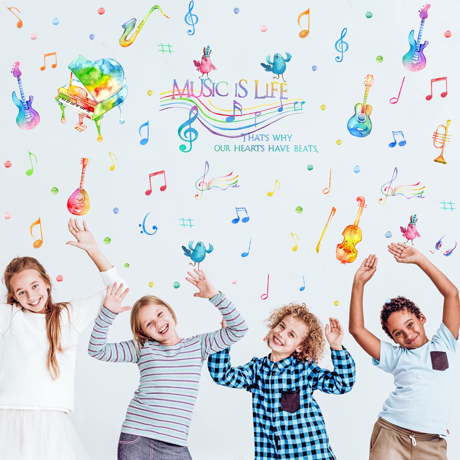 Yovkky Watercolor Music playroom display shows decals on walls and furniture.