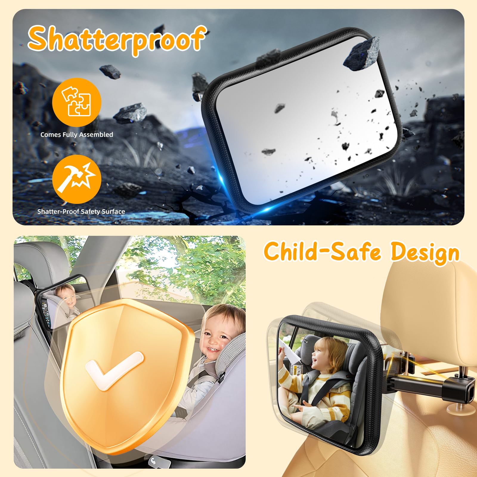 YOVKOK car baby mirror fits removable headrests for wide vehicle compatibility.