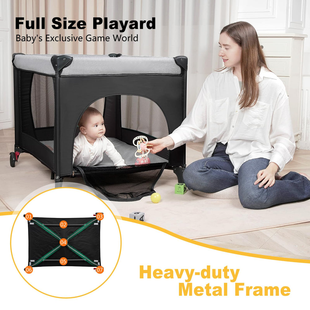YoYiCuna Pack and Play ASTM safety features with sturdy frame and non-toxic fabrics