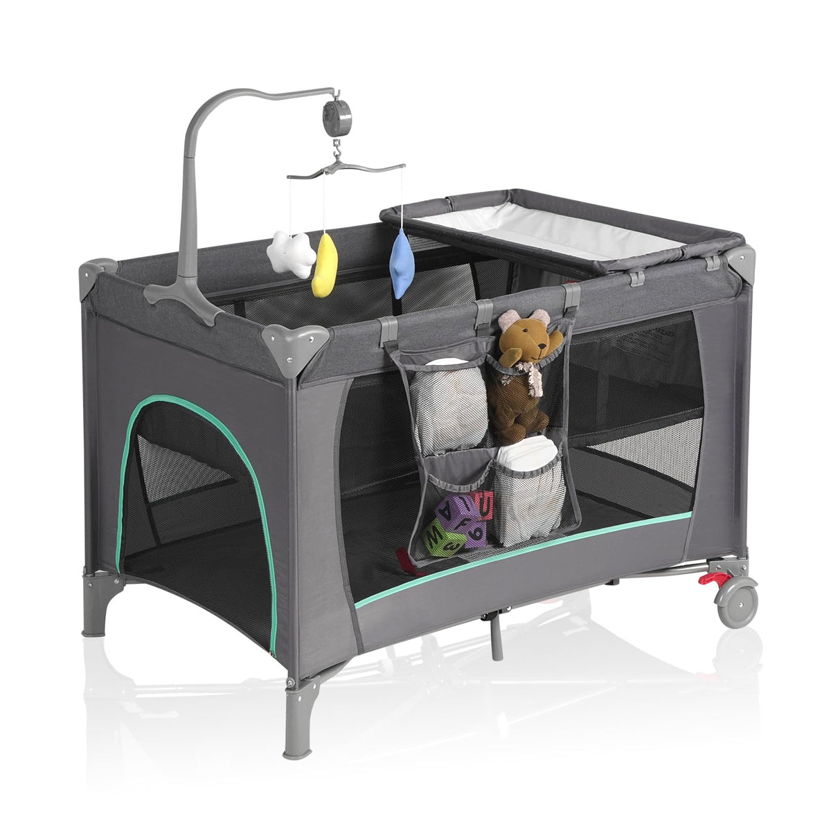 YoYiCuna Pack and Play folded for quick travel storage and easy packing.
