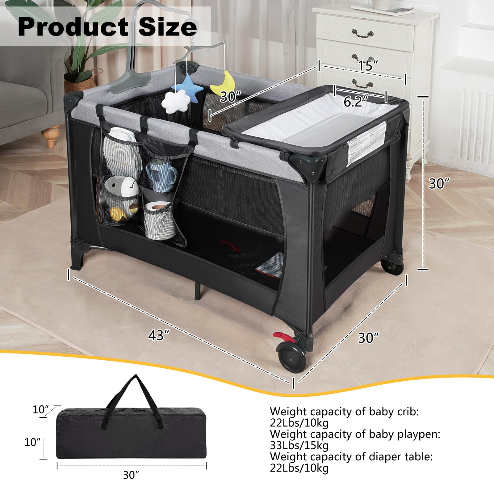 YoYiCuna Pack and Play travel bundle includes carry bag and wheels