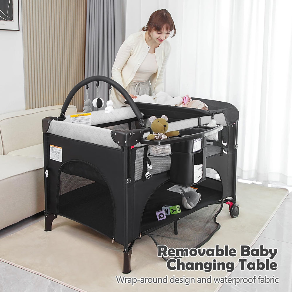 YoYiCuna pack-and-play folded in travel bag for easy trips.