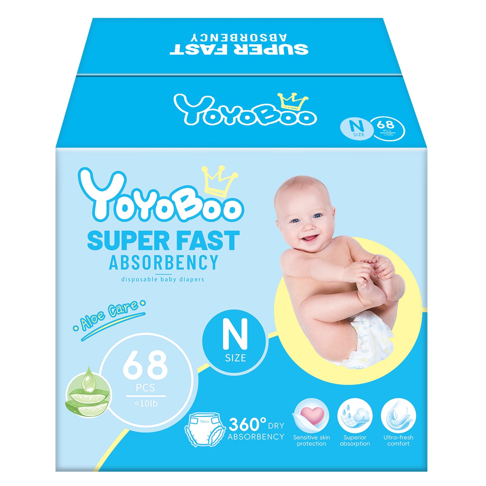 YOYOBOO newborn diaper packaging shows a 68-count box for easy stocking