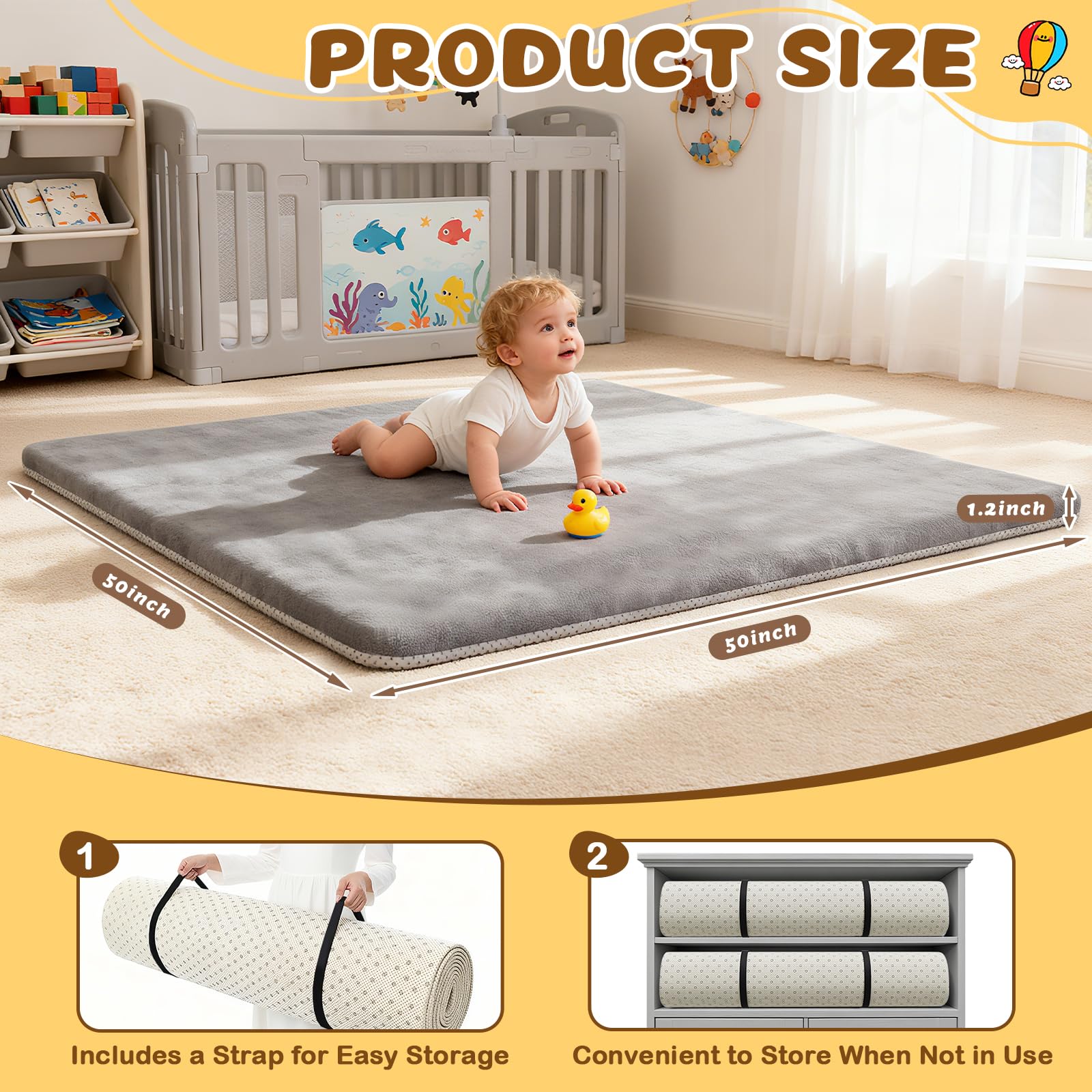 Yozoia play mat shows non-slip bottom for stable play on hard floors.