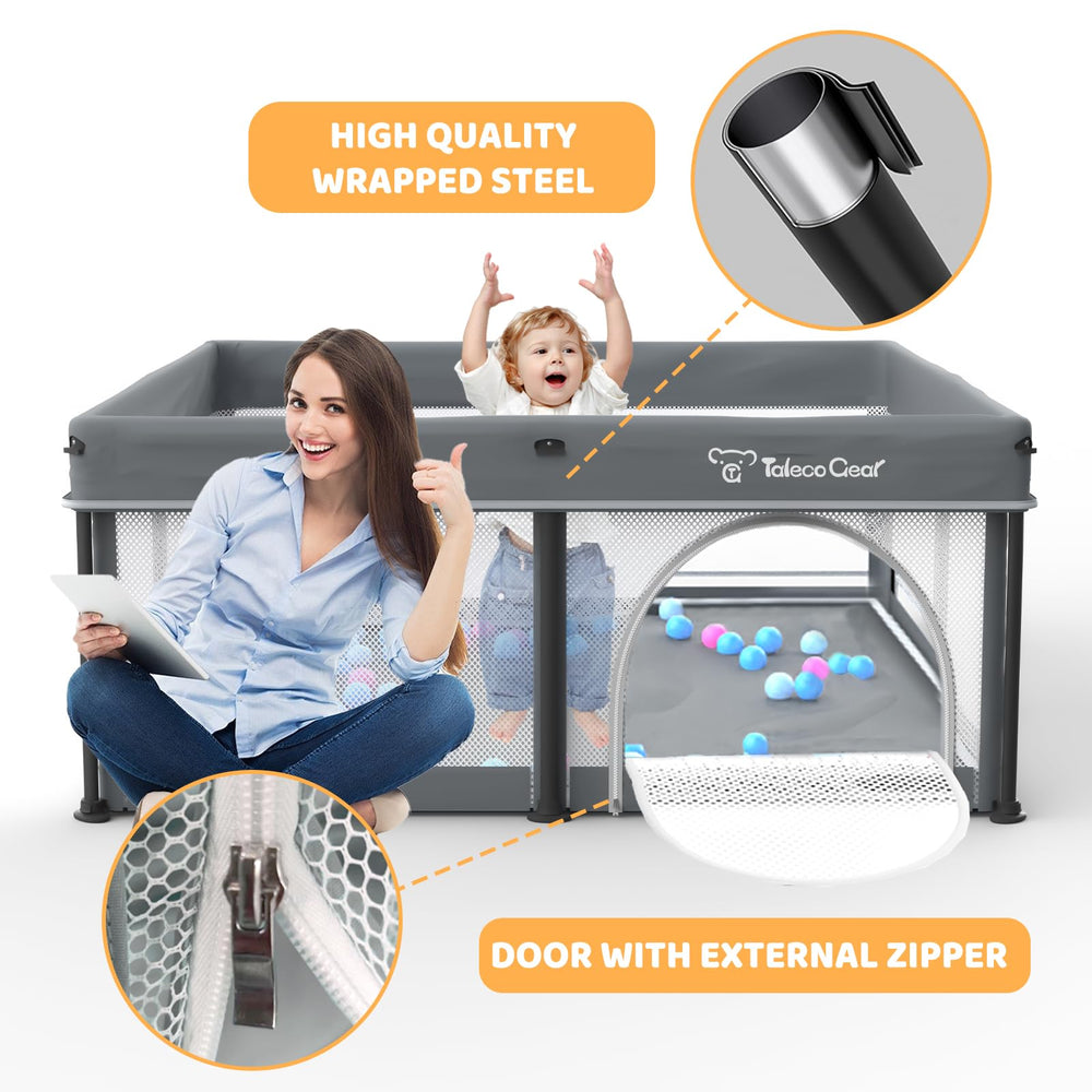 Yozoia Taleco Gear baby gate zipper keeps children safely inside the playpen.