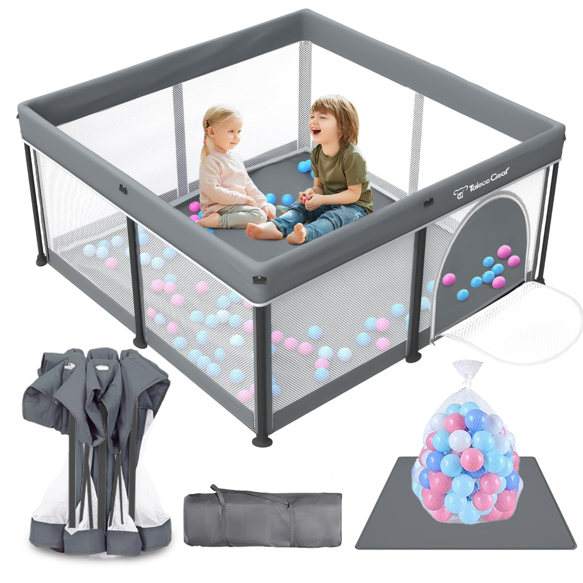 Yozoia Taleco Gear foldable playpen structure for quick setup and roomy play space.