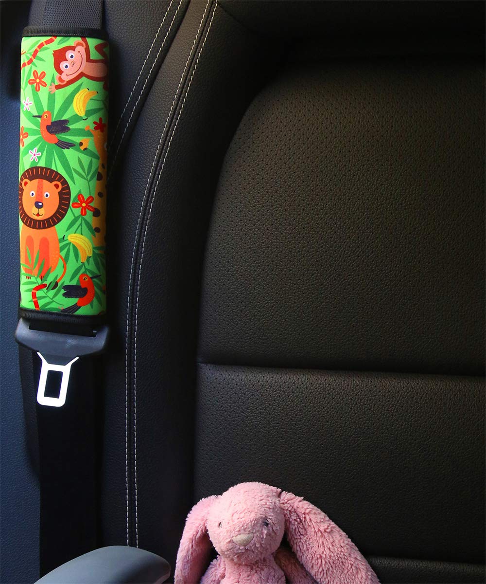 YR seat belt cover jungle pattern in car backseat view highlights cozy, sweat-absorbent protection