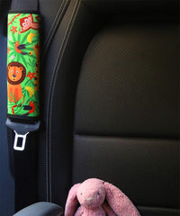 YR seat belt cover jungle pattern in car backseat view highlights cozy, sweat-absorbent protection