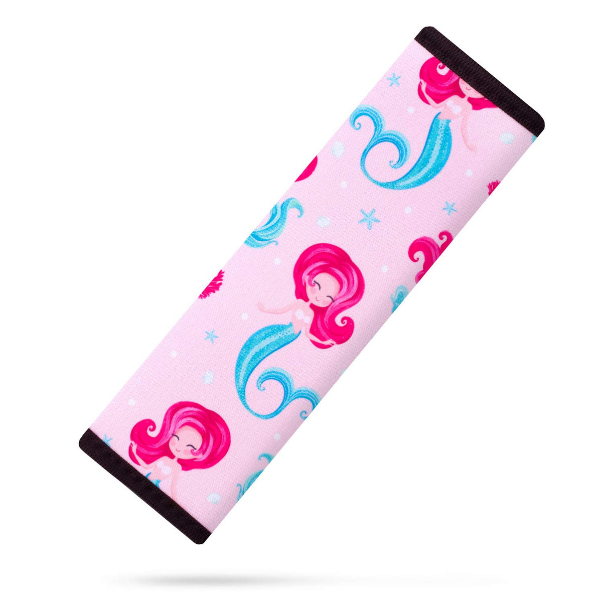 YR seat belt cover in mermaid pattern adds soft comfort for kids during car rides.