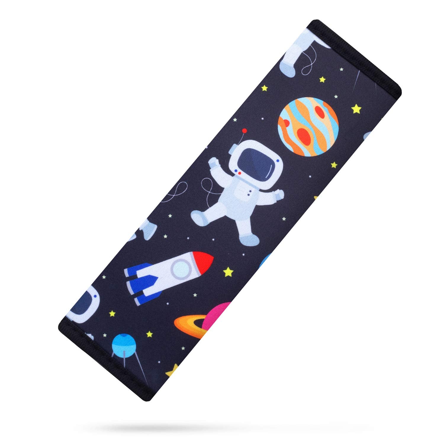 YR seat belt cover spaceman pattern front view, soft neoprene cushion for kids during car rides.