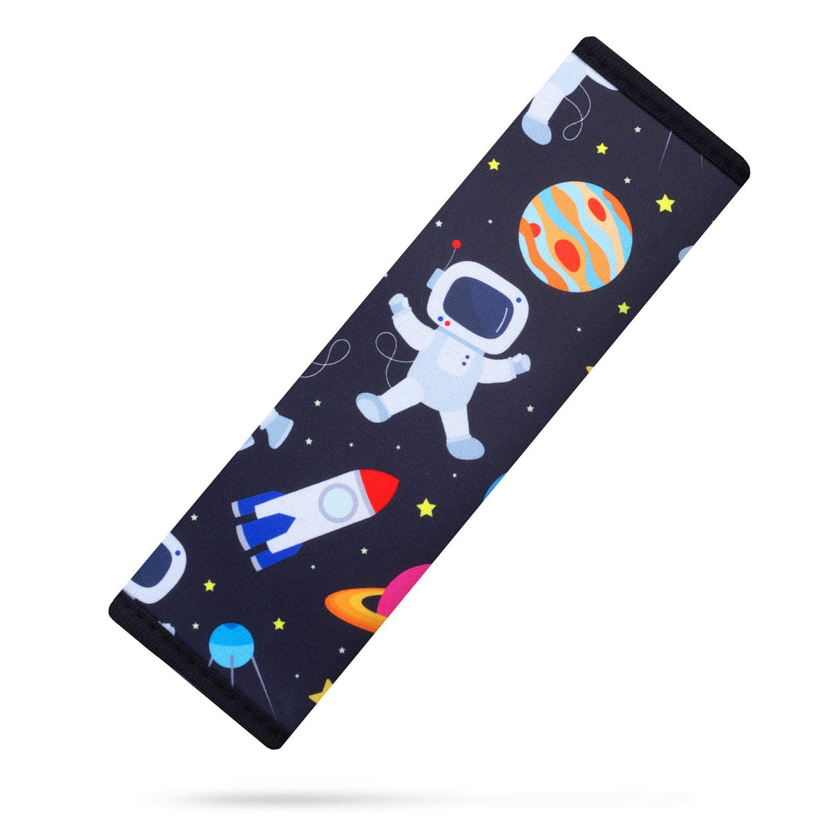 YR seat belt cover spaceman pattern front view, soft neoprene cushion for kids during car rides.