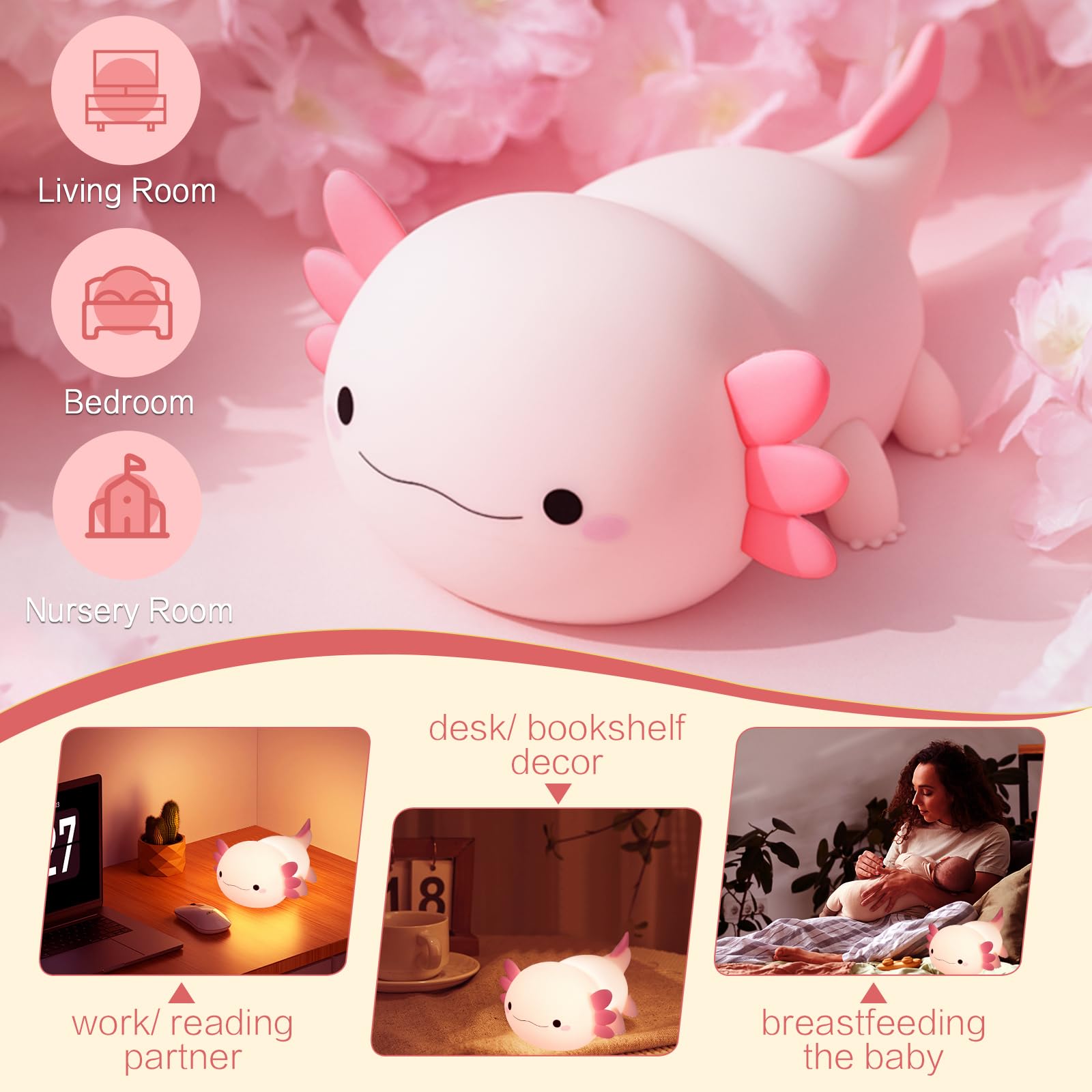 YR YRHH-PET Axolotl nightlight dorm-room decor adds kawaii charm.