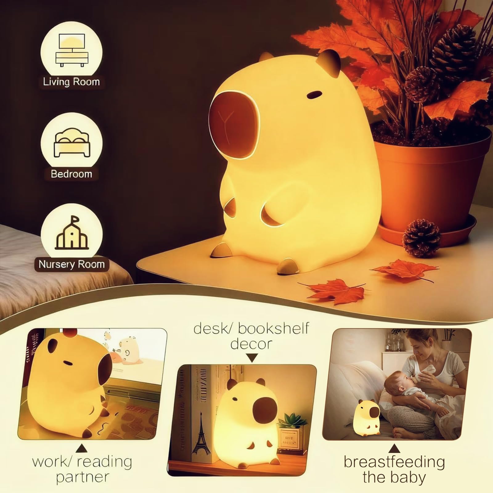 YR YRHH-PET capybara night light showing two brightness levels