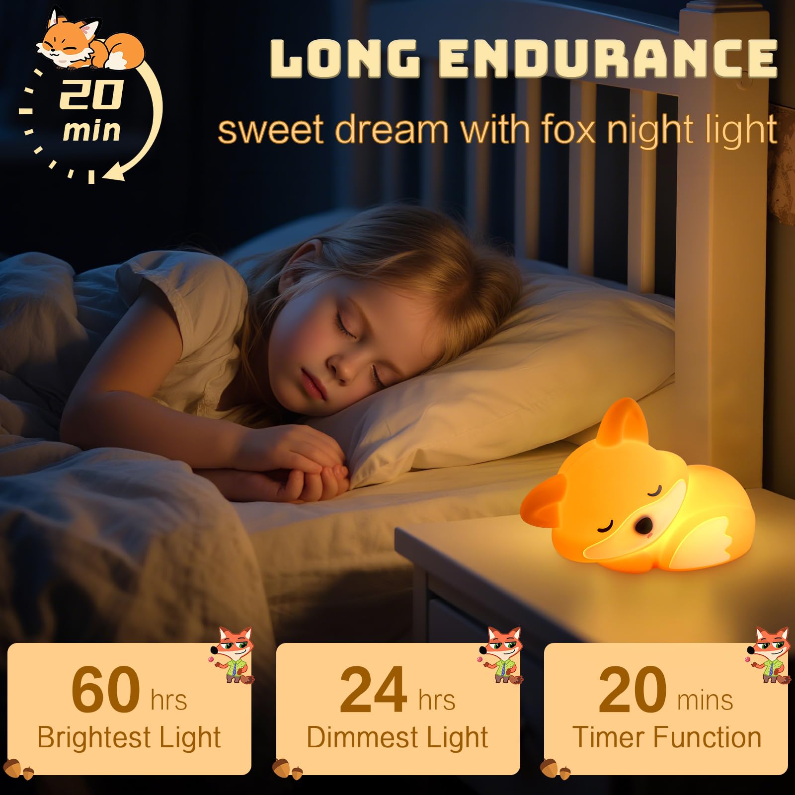 YR YRHH-PET fox night light bottom touch controls two brightness levels.
