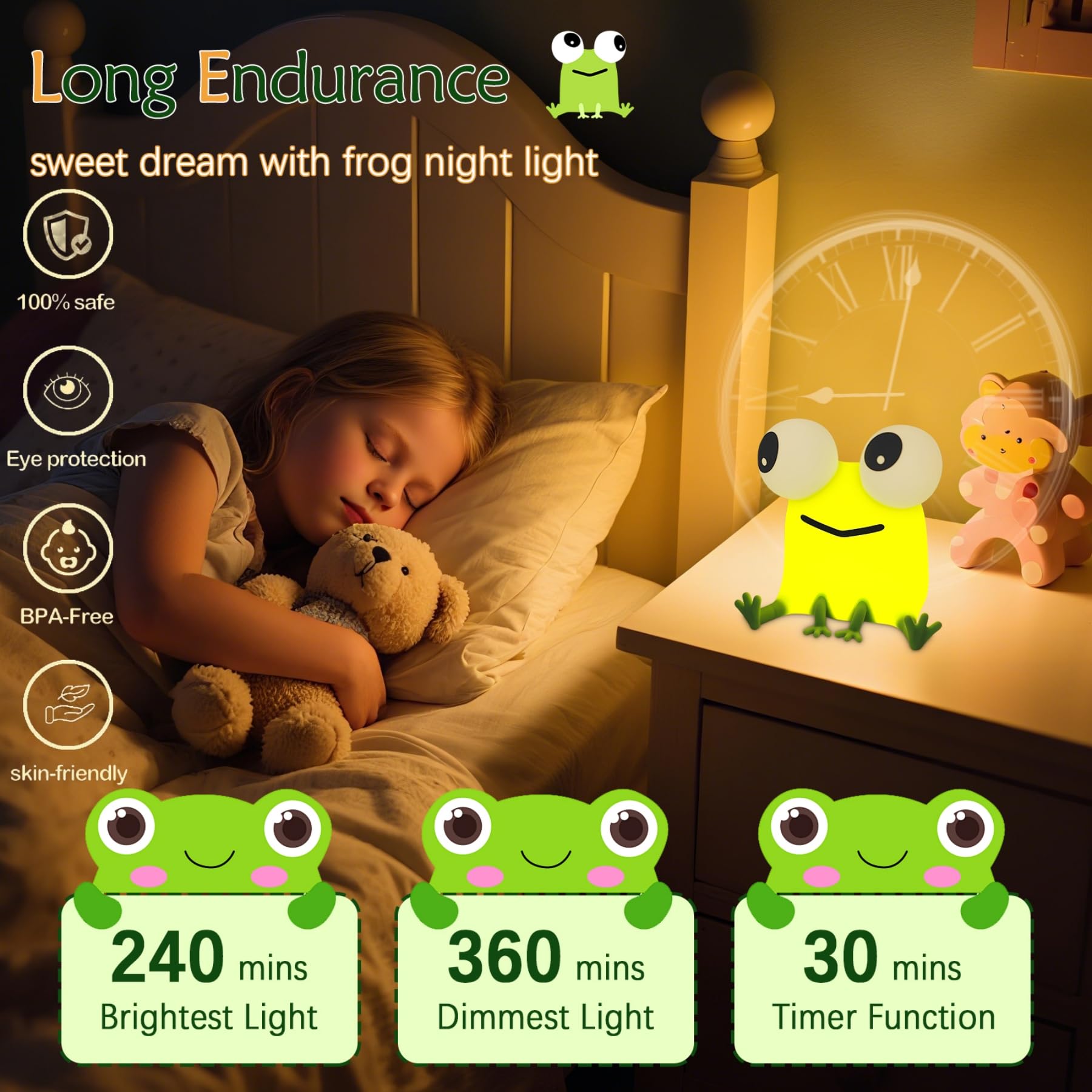 YR YRHH-PET frog night light silicone body offers durable, safe night lighting