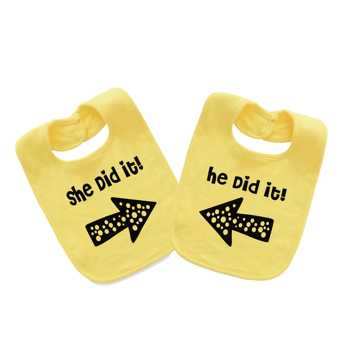 YSCULBUTOL baby twins bibs front view with He/She Did It print in yellow for twins.