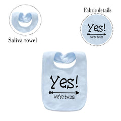 YSCULBUTOL Yes We Are Twins bib worn by newborn shows spill protection