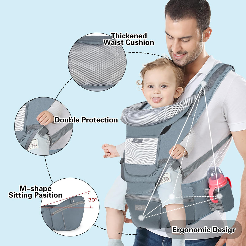 YSSKTC hip-seat with wide waistband distributes weight for parent comfort