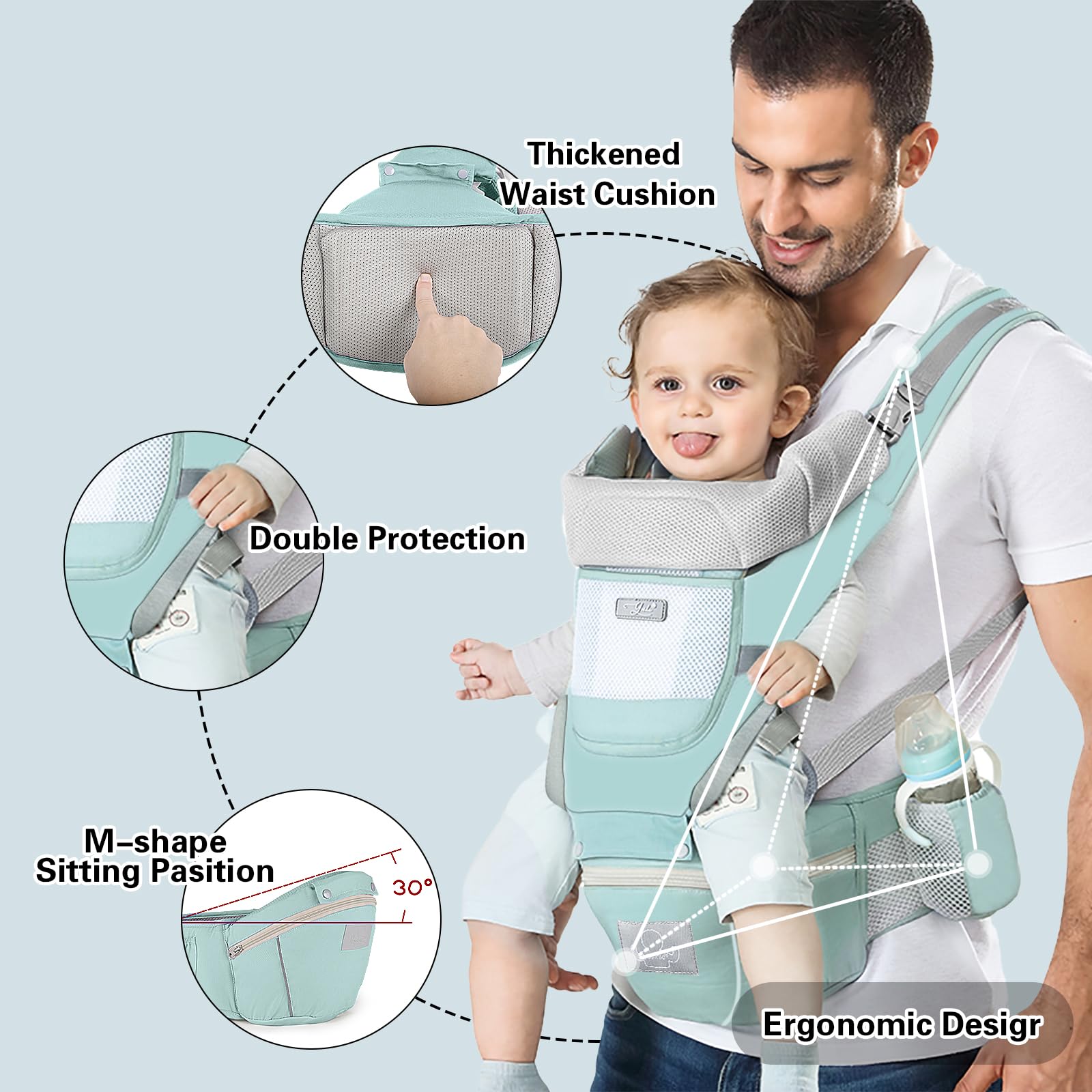 YSSKTC baby carrier 6-in-1 ways demonstrates versatile wearing styles for growing babies.
